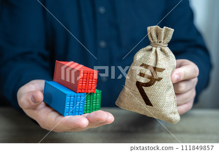 Shipping containers and indian rupee money bag. Make a trade deal. Economic growth, production and development of transport infrastructure. Import and export. Profit from sale of goods Shipping containers and indian rupee money bag. Make a trade deal. Economic growth, production and development of transport infrastructure. Import and export. Profit from sale of goods 111849857