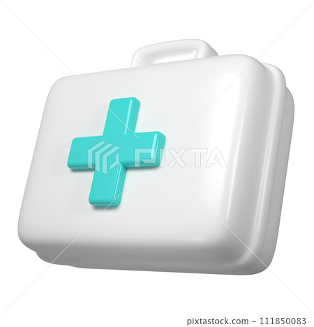 3d rendering of first aid medical box with turquoise cross icon. Healthcare industry supplies and drugs 111850083