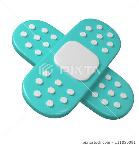 3d medical two cross plasters icon. Rendering illustration of sticky medic bandage. Turquoise and white color medic recovery patch in cute cartoon design. First aid concept 111850091