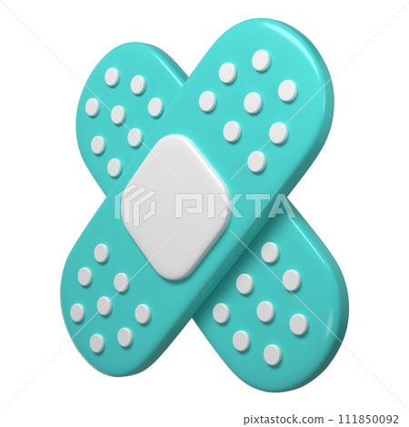 3d medical two cross plasters icon. Rendering illustration of sticky medic bandage. Turquoise and white color medic recovery patch in cute cartoon design. First aid concept 3d medical two cross plasters icon. Rendering illustration of sticky medic bandage. Turquoise and white color medic recovery patch in cute cartoon design. First aid concept 111850092