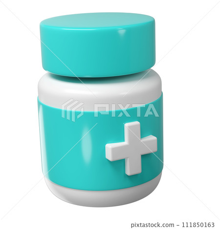 3d pill bottle medical icon pharmacy with cross render. White plastic supplement jar. Protein vitamin capsule packaging, large powder blank remedy cylinder pharmaceutical drug 111850163