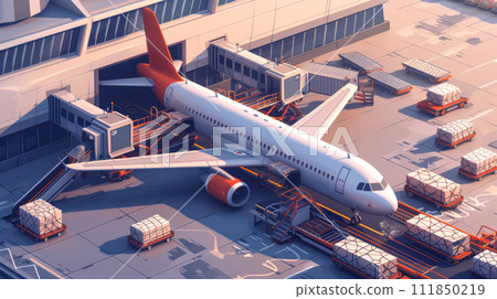 Aircraft at Gate with Cargo Being Loaded Aircraft at Gate with Cargo Being Loaded 111850219