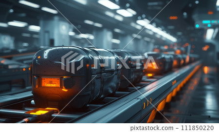 Vibrant Orange Luggage on Airport Conveyor Vibrant Orange Luggage on Airport Conveyor 111850220