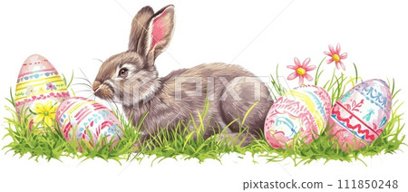 Easter Bunny with Decorated Eggs in Grass 111850248