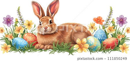 Easter Bunny with Decorated Eggs in Grass Easter Bunny with Decorated Eggs in Grass 111850249