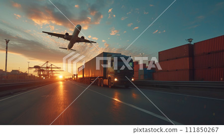 Truck and Airplane at Sunset 111850267