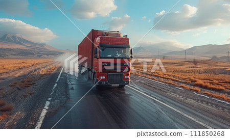 Red Container Truck on Highway 111850268