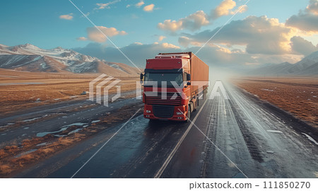 Red Container Truck on Highway Red Container Truck on Highway 111850270