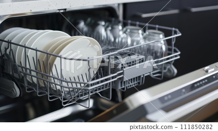 Dishwasher with Clean Plates and Glassware Dishwasher with Clean Plates and Glassware 111850282