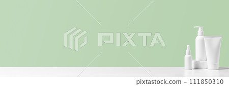 Banner with cosmetic products on the table, white bottles and containers 111850310