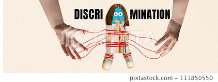 Lgbt supporter. Female character bound by strings from abstract hands with discrimination text. Contemporary surreal artwork. Lgbt supporter. Female character bound by strings from abstract hands with discrimination text. Contemporary surreal artwork. 111850550