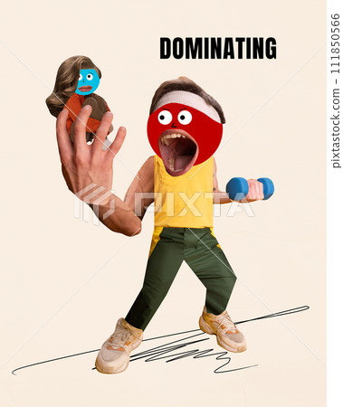 Abstract male character lifting weights and female character with dominating expression. Gender stereotypes. Contemporary surreal artwork. 111850566