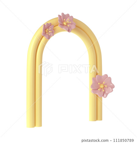 3d rendering of plaster yellow molds arch with pink flower. Minimalistic spring display. Stylish aesthetic showcase, mock up for the exhibitions, presentation of products and goods 111850789