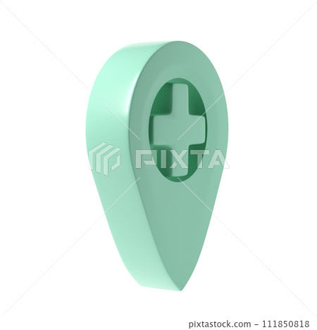3d image medicine geotag icon. Medical cross company enterprise. Map turquoise tag on white background. Location of hospital. Geographic coordinates of pharmacy 111850818