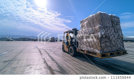 Forklift Loading Cargo Pallet onto Aircraft 111850844