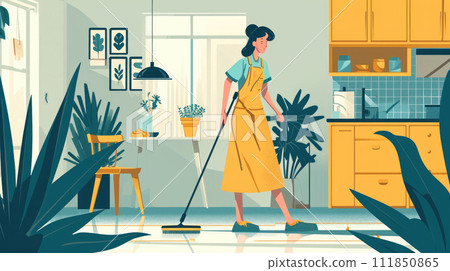 Woman Mopping Floor in Sunny Kitchen 111850865