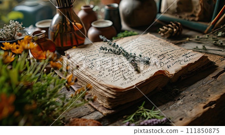 Pen on old book. Photo in old vintage style 111850875