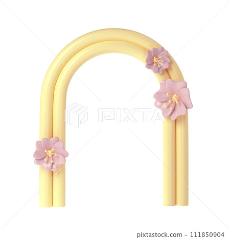 3d rendering of plaster yellow molds arch with pink flower. Minimalistic spring display. Stylish aesthetic showcase, mock up for the exhibitions, presentation of products and goods 3d rendering of plaster yellow molds arch with pink flower. Minimalistic spring display. Stylish aesthetic showcase, mock up for the exhibitions, presentation of products and goods 111850904
