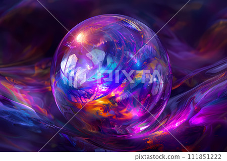 Mystical iridescent object. Shimmering with a spectrum of vibrant colors. Emanating a captivating and otherworldly glow. Futuristic and surreal art style. 111851222