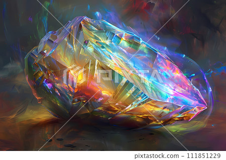 Mystical iridescent object. Shimmering with a spectrum of vibrant colors. Emanating a captivating and otherworldly glow. Futuristic and surreal art style. 111851229