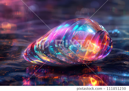 Mystical iridescent object. Shimmering with a spectrum of vibrant colors. Emanating a captivating and otherworldly glow. Futuristic and surreal art style. 111851230