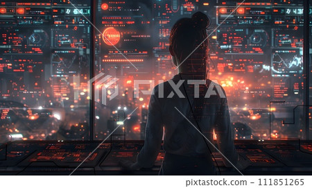 Woman in Futuristic City at Night A Calm Amidst the Metropolis 111851265