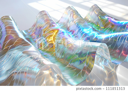 Wavy sheet colorful light in the style of kaleidoscope effects. Iridescent, vibrant, colorful, holographic , rainbowcore background 111851313