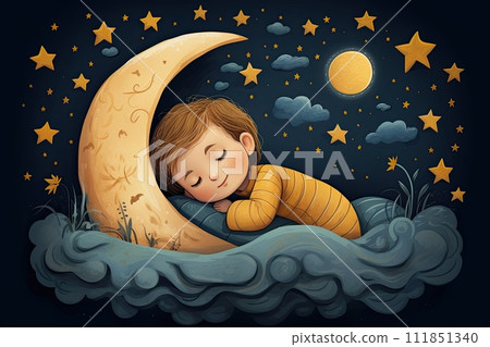 AI-generated content. sleeping child on the moon in sky illustration AI-generated content. sleeping child on the moon in sky illustration 111851340
