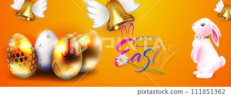 Easter orange illustration, wonderful bunny, set of eggs and golden bells 111851362