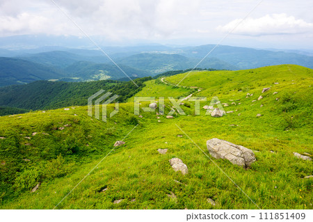 alpine grassy hills with stones and boulders. carpathian landscape of ukraine on a cloudy summer day. mountainous scenery with view in to the distant valley 111851409