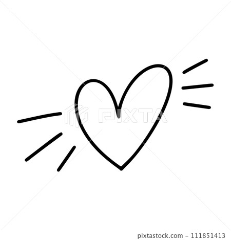 Hand drawn love heart with rays vector logo line illustration. Black outline. Element Monoline for Valentine Day banner, poster, greeting card 111851413