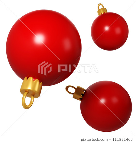 3d rendering three red Christmas balls icon. Realistic spheres for winter holidays. Toy for fir tree. Illustration for web design, greeting card, invitation 3d rendering three red Christmas balls icon. Realistic spheres for winter holidays. Toy for fir tree. Illustration for web design, greeting card, invitation 111851463