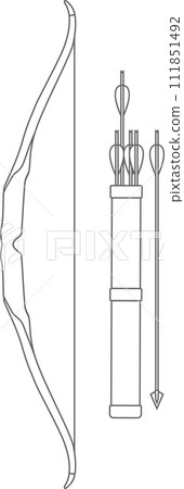 Traditional Hunting Wooden Bow and Quiver with Arrows Isolated Outline Icon in Flat Style. Vector Illustration. Traditional Hunting Wooden Bow and Quiver with Arrows Isolated Outline Icon in Flat Style. Vector Illustration. 111851492