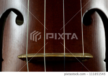 Vintage Concert Violin Bridge and Strings Closeup View Vintage Concert Violin Bridge and Strings Closeup View 111851543