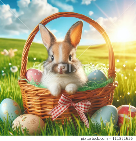 Easter bunny on a beautiful spring meadow with dandelions in front of a basket with Easter eggs 111851636