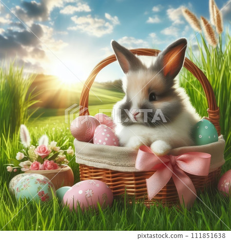 Easter bunny on a beautiful spring meadow with dandelions in front of a basket with Easter eggs Easter bunny on a beautiful spring meadow with dandelions in front of a basket with Easter eggs 111851638