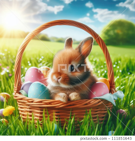 Easter bunny on a beautiful spring meadow with dandelions in front of a basket with Easter eggs Easter bunny on a beautiful spring meadow with dandelions in front of a basket with Easter eggs 111851643
