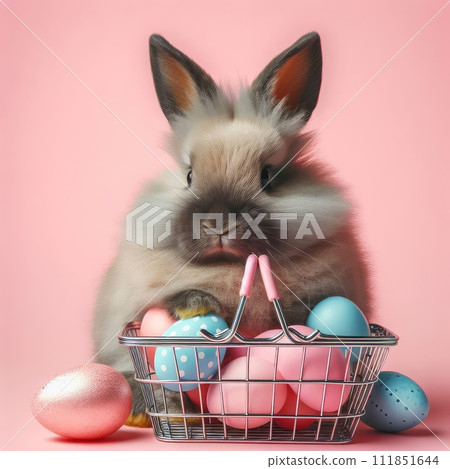 White Easter bunny rabbit with shopping basket and painted eggs on blue and pink background White Easter bunny rabbit with shopping basket and painted eggs on blue and pink background 111851644