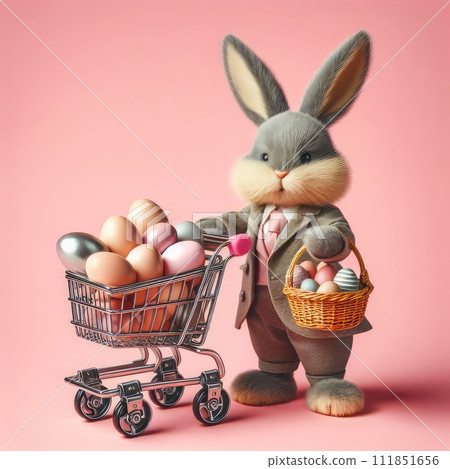 White Easter bunny rabbit with shopping basket and painted eggs on blue and pink background White Easter bunny rabbit with shopping basket and painted eggs on blue and pink background 111851656