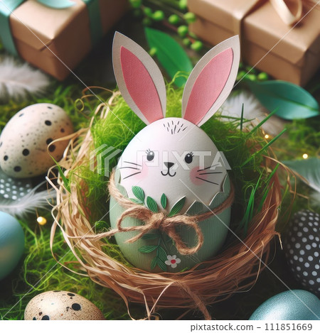 photo of Easter bunny paper gift egg wrapping in grass photo of Easter bunny paper gift egg wrapping in grass 111851669