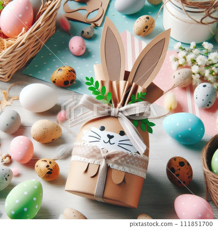 photo of Easter bunny paper gift egg wrapping. 111851700