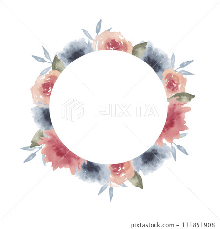 Watercolor abstract flowers round frame. Blue and pink floral arrangement with green leaves for invitation, label, logo ,greeting card design Watercolor abstract flowers round frame. Blue and pink floral arrangement with green leaves for invitation, label, logo ,greeting card design 111851908