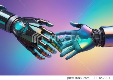 Friends cybernetic stretching hands toward each other. 111852004