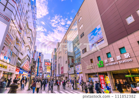 Tokyo cityscape in Japan In front of Akihabara Station, crowded with foreign tourists (Hokoten held on Chuo-dori Street)...=February 18th Tokyo cityscape in Japan In front of Akihabara Station, crowded with foreign tourists (Hokoten held on Chuo-dori Street)...=February 18th 111852382