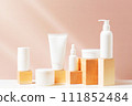 Body care products on the table, sunny composition with white containers and bottles 111852484