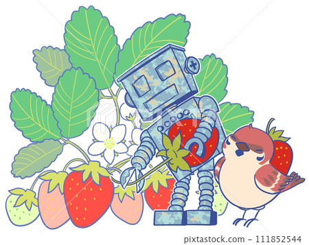 Garden robot, strawberry picking and sparrow 111852544