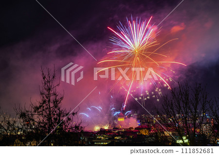 Fireworks background. New Year, Christmas of birthday celebration. Festive mood 111852681