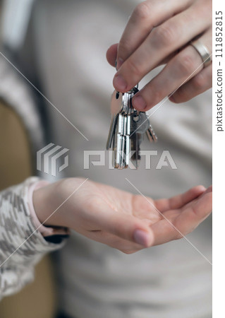 House keys close view. Buying a house background. Real estate concept House keys close view. Buying a house background. Real estate concept 111852815