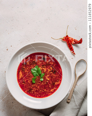 Traditional red soup borscht made with beetroot. National Russian and Ukrainian soup, kitchen, food. Tasty beetroot soup with greens in bowl on neutral pastel background. Top view, flat lay Traditional red soup borscht made with beetroot. National Russian and Ukrainian soup, kitchen, food. Tasty beetroot soup with greens in bowl on neutral pastel background. Top view, flat lay 111852979