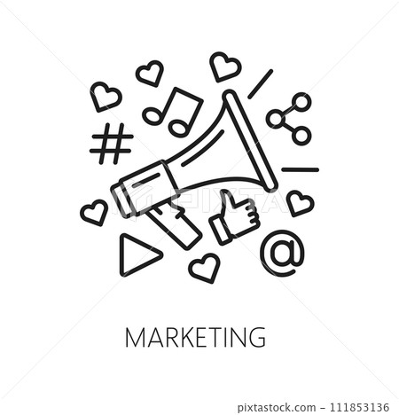 Marketing. SEM. Search engine marketing icon of megaphone with social media symbols. Vector website promotion, online advertising and SEO. Thin line speaker, social media like, share and email signs Marketing. SEM. Search engine marketing icon of megaphone with social media symbols. Vector website promotion, online advertising and SEO. Thin line speaker, social media like, share and email signs 111853136